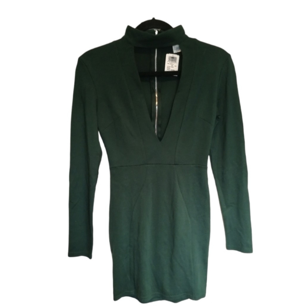 WINDSOR Green bodycon dress Plunge front cutout neck Hunter XS NWT